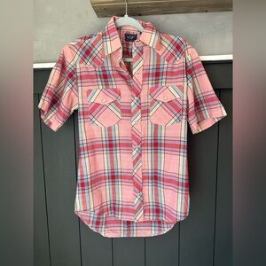 VIP Coral & Pink Plaid Pearl Snap Short Sleeve Shirt sz Small
